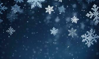 Ai generated Falling snowflakes on blue background. Blurred snowflakes. Christmas background. photo