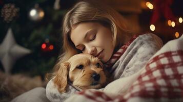 hermosa joven mujer con linda perro a hogar cerca Navidad árbol ai generado foto