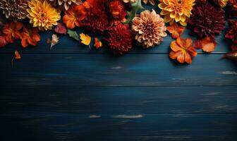 Ai generated Autumn flowers frame on wooden background. Seasonal yellow and red flowers. Autumn background. Space for text. photo