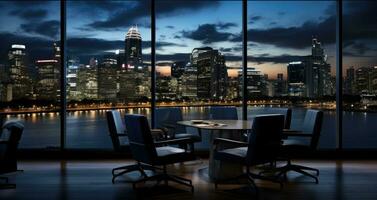 Office Chairs and Modern City Skyscrapers at Night. Office with panoramic view window. ai generative photo