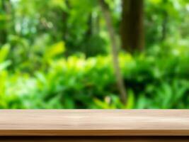 empty wooden tabletop podium in garden open forest, blurred green plants background with space. organic product presents natural placement pedestal display, spring and summer concept photo