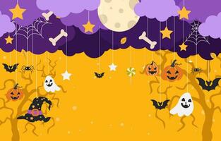 halloween party background with clouds, bats and pumpkins vector