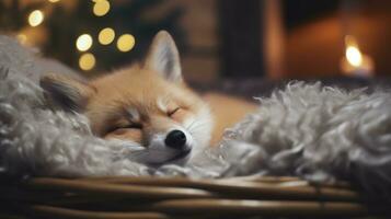 linda pequeño zorro dormido en cesta cerca Navidad árbol en borroso antecedentes ai generado foto