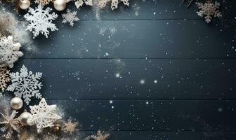 Ai generated Christmas background. Spruce branch and snowflakes frame. Space for text. photo