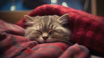 linda atigrado gato dormido en un rojo tartán en el vivo habitación. ai generado foto