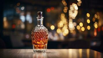 AI Generative Whiskey bottle on bar counter with bokeh background. photo