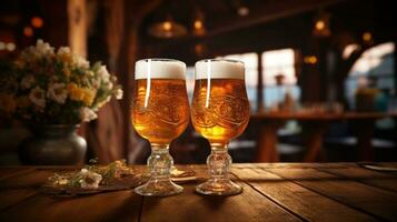 AI Generative Two glasses of beer on a wooden table in a pub. Light background. Dry flowers on table. photo