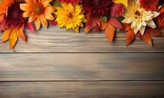 Ai generated Autumn flowers frame on wooden background. Seasonal yellow and red flowers. Autumn background. Space for text. photo