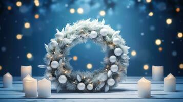 AI Generative Christmas wreath with candles and bokeh lights on blue background photo