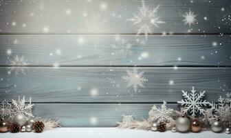 Ai Generated Christmas background. Spruce branch and snowflakes frame. Space for text. photo