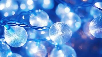 AI Generative Christmas lights on a blue background with bokeh effect. Christmas background. Closeup view with depth of filed. photo