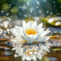 AI Generative Beautiful white water lily with dew drops on the water surface photo