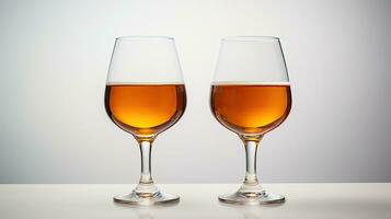 Two glasses of brandy on a white table and a gray background. AI Generative photo