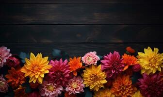 ai generado otoño flores marco en de madera antecedentes. estacional amarillo y rojo flores otoño antecedentes. espacio para texto. foto