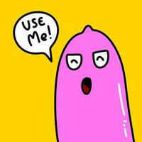 cute pink speech bubble, cartoon condom character, illustration photo