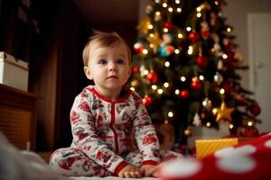 baby in pajamas sitting by the Christmas tree photo