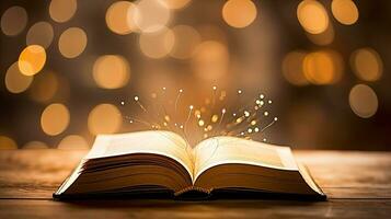 ai generativo abierto libro con brillante luces en bokeh antecedentes. Navidad y nuevo año concepto foto