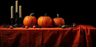 calabazas en el mesa. velas en negro candelabros otoño todavía vida. Víspera de Todos los Santos antecedentes. ai generado imagen foto