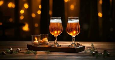 AI Generative Two glasses of beer on wooden table with Christmas lights. bokeh background. Elements of Christmas decoration on the table. photo