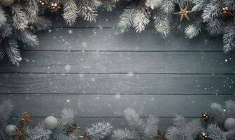 Ai generated Christmas background. Spruce branch and snowflakes frame. Space for text. photo