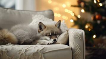 Cute little fox sleeping on sofa in room with Christmas tree and lights Ai generated photo