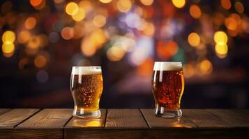 AI Generative Two glasses of beer on a wooden table in a pub. Bokeh lights on background. photo