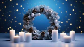 AI Generative Christmas wreath with burning candles and stars on dark blue background. photo