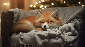 Ai generated Cute little fox sleeping on sofa in room with Christmas tree and lights photo