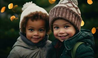 dos niños sonriente juntos. invierno estación. puesta de sol ligero. ai generado foto