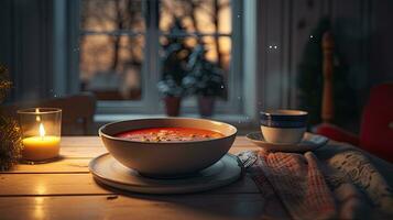 tomate sopa en un cuenco en un de madera mesa en el noche. ai generado imagen foto