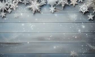 Ai generated Christmas background. Spruce branch and snowflakes frame. Space for text. photo