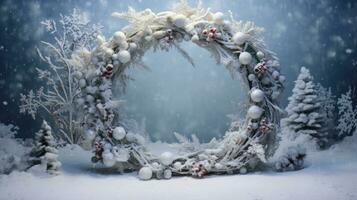 AI Generative Winter forest with snow covered trees. Christmas and New Year background. Christmas wreath with empty space for text. photo