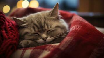 ai generado linda atigrado gato dormido en un rojo tartán en el vivo habitación. foto