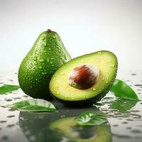 AI Generative Fresh avocado with water drops on black background. Healthy food concept. Cut half avocado. photo