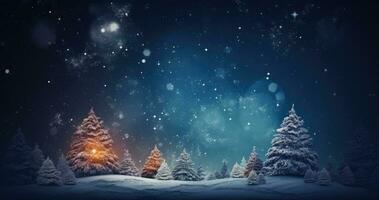 Ai generated Fantasy background with christmas night. Winter forest with fantastic moon and lights. Christmas background. photo