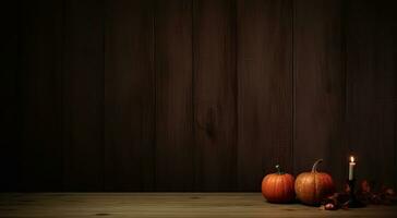 AI Generative Pumpkins and a candle on wooden background. Autumn still life. Halloween background. photo