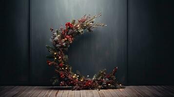 AI Generative Christmas wreath on a dark wooden background with lights and copy space photo