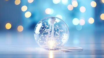 AI Generative Crystal ball with Christmas decoration on bokeh lights background. photo