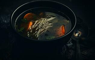 AI Generative Bouillon with pieces of carrots and stalks of herbs. Asian cuisine. Broth in a black bowl. photo