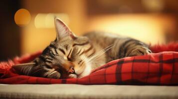 Cute cat sleeping on sofa at home, closeup. Lovely pet Ai generated photo