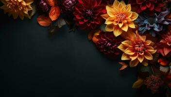 Ai generated Autumn flowers frame on wooden background. Seasonal yellow and red flowers. Autumn background. Space for text. photo