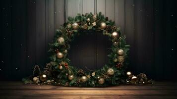 AI Generative Christmas wreath on a dark wooden background with lights and copy space photo