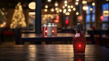 AI Generative Red glass lamp on a wooden table in a restaurant with Christmas lights in the background photo