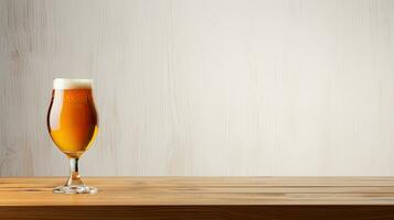 Glass of beer on wooden table over wooden wall background with copy space. ai generated image photo