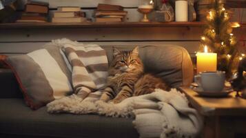 Cute tabby cat resting on sofa in room decorated for Christmas Ai generated photo