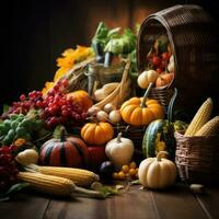 AI Generative Autumn still life with pumpkins, berries and leaves on wooden background photo