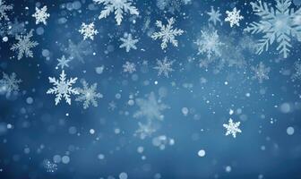 Ai generated Falling snowflakes on blue background. Blurred snowflakes. Christmas background. photo
