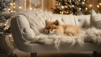 linda pequeño zorro dormido en sofá en habitación con Navidad árbol y luces ai generado foto