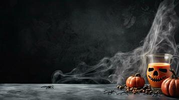 AI Generative Halloween pumpkins with a glass of pumpkin juice on dark background photo
