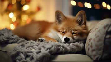 Ai generated Cute little fox sleeping on sofa in room with Christmas tree and lights photo